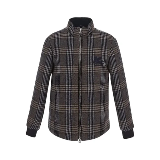 Logo Embroidered Checked Zipped Jacket