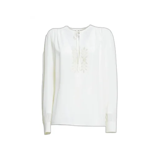 Leaf-Embroidered Keyhole Neck Blouse