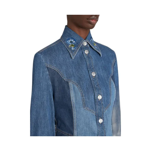 Floral Embroidered Button Up Denim Shirt