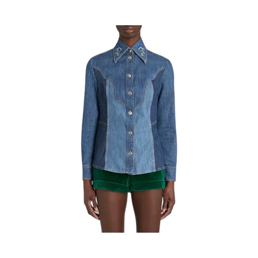 Floral Embroidered Button Up Denim Shirt