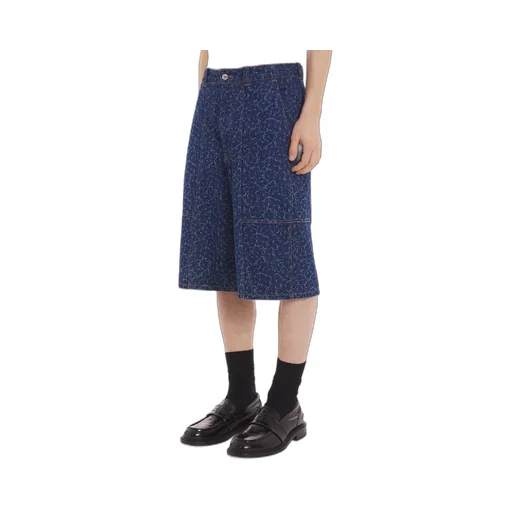 Abstract Daisy-Printed Knee-Length Denim Shorts