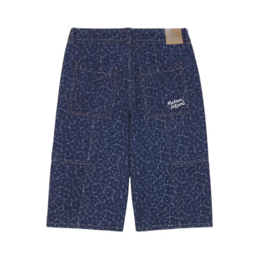 Abstract Daisy-Printed Knee-Length Denim Shorts