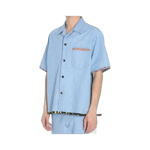 Floral Trim Button-Up Denim Shirt