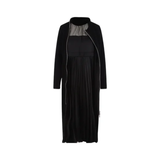 Layered Pleated Zip-Up Midi Dress