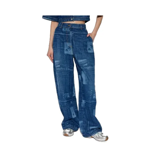 Newspaper-Print Cotton Jeans