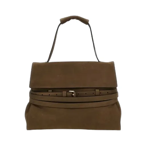 Logo Embossed Buckle Detailed Top Handle Bag