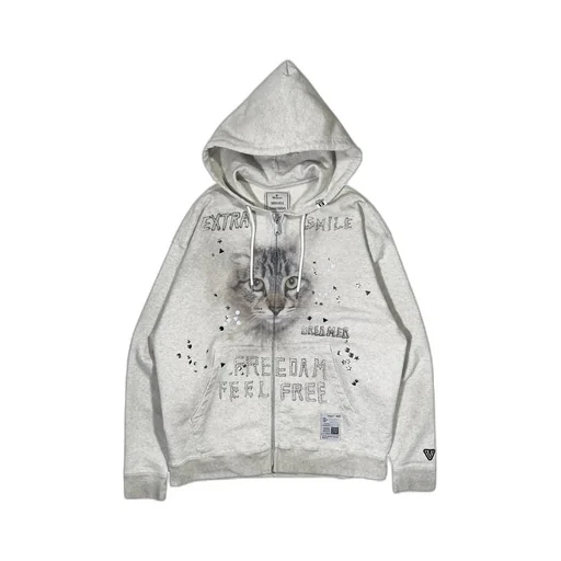 Animal Printed Embellished Distressed Zip-Up Hoodie