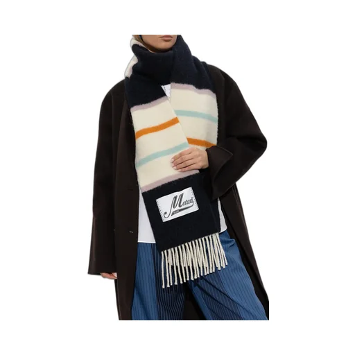 Logo Patch Striped Fringed Scarf