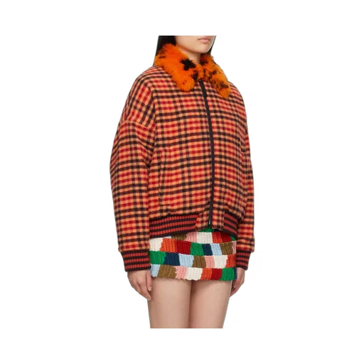 Shearling-Trim Checked Bomber Jacket