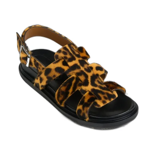 Leopard-Print Short-Hair Shearling Gladiator Sandal