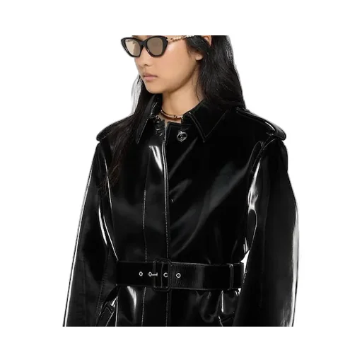 Velvet Effect Leather Trench Coat