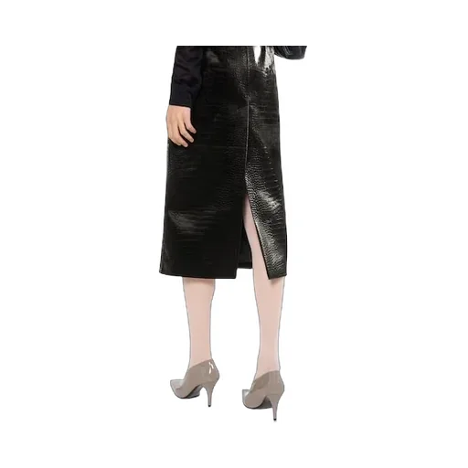 Velvet Effect Leather Midi Skirt