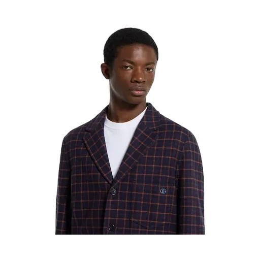 Single-Breast Check Wool Jacket