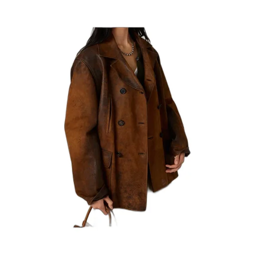 Double-Breasted Waxed Suede Caban Jacket