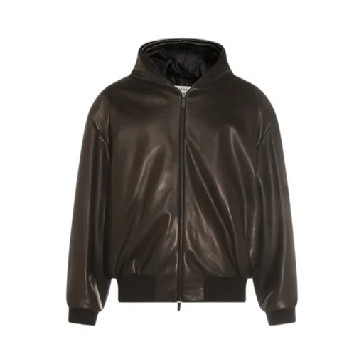 Leather Hooded Bomber Jacket