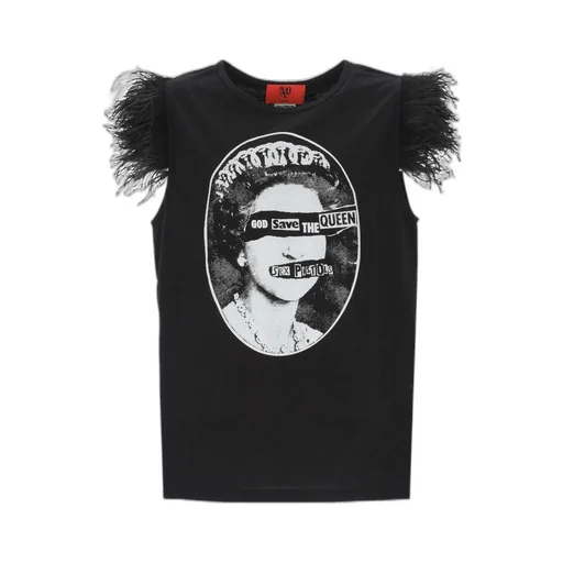 Printed Graphic T-Shirt With Feather Trim