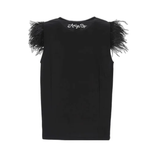 Printed Graphic T-Shirt With Feather Trim