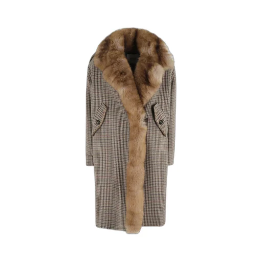 Houndstooth Fur-Trimmed Coat