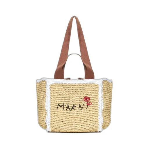Logo Embroidered Woven Top Handle Bag