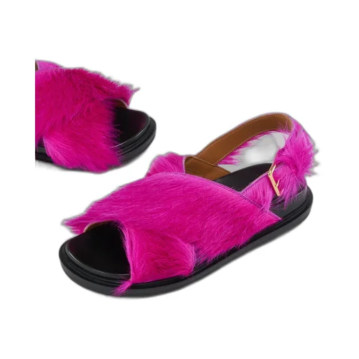 Long-Hair Calfskin Fussbett Cross Sandals