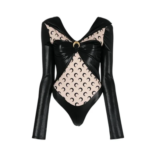 Crescent Moon Print Panelled Draped Bodysuit