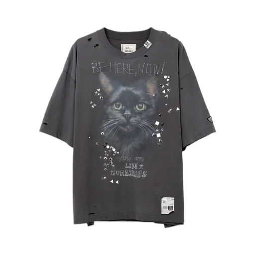 Cat Printed Embellished Distressed T-Shirt