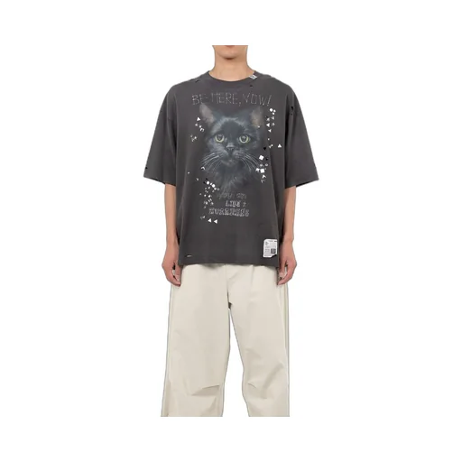 Cat Printed Embellished Distressed T-Shirt