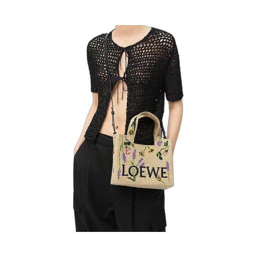 Small Loewe Font Tote In Raffia