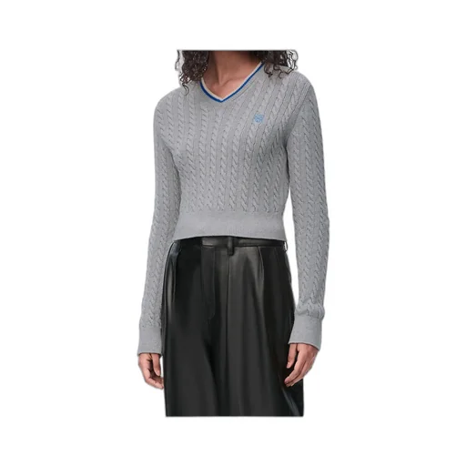 Cropped Cable Knit V-Neck Sweater