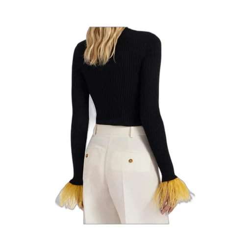 Feather-Cuff Ribbed-Knit Jumper