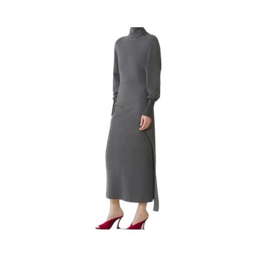 Turtleneck Knit Dress With Brooch