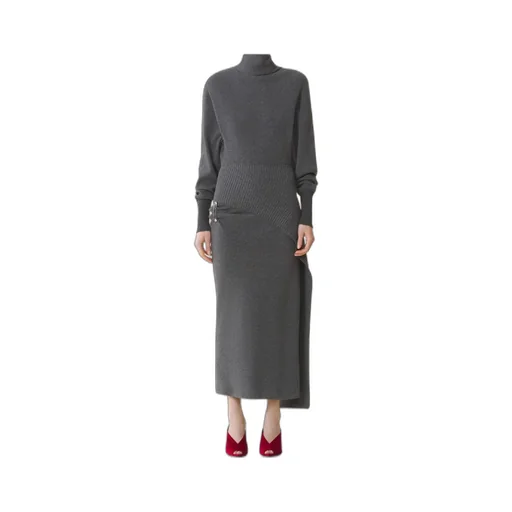 Turtleneck Knit Dress With Brooch