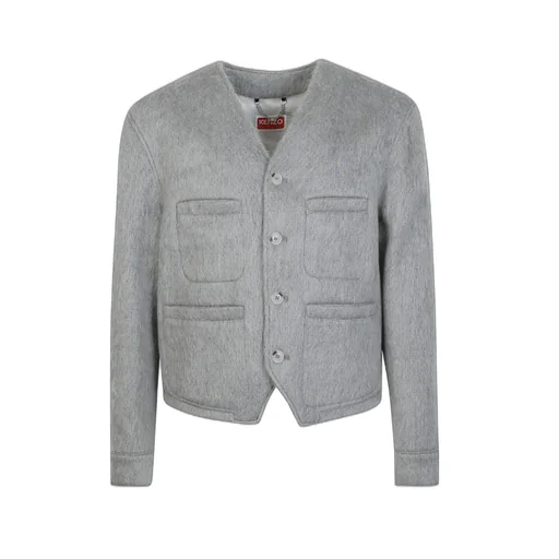 Collarless Jacket In Hairy Wool Alpaca And Mohair