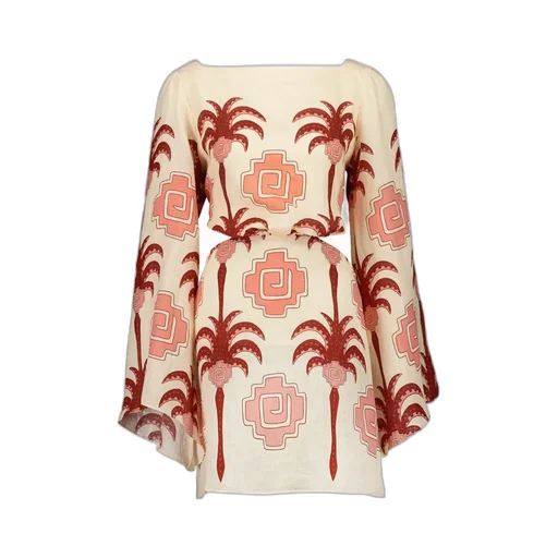 Wave After Wave Palm-Tree Print Open-Neck Mini Dress