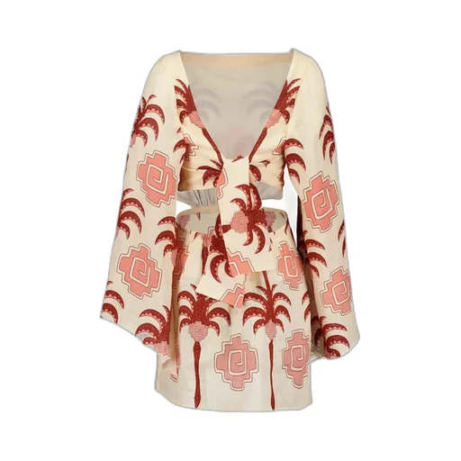 Wave After Wave Palm-Tree Print Open-Neck Mini Dress