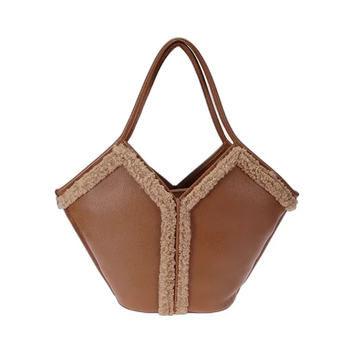 Shearling-Trimmed Leather Tote Bag