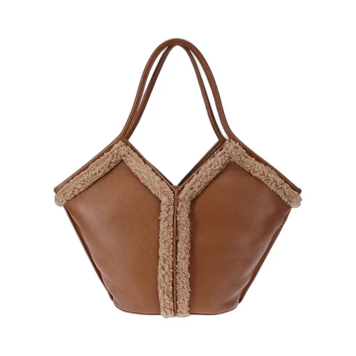 Shearling-Trimmed Leather Tote Bag