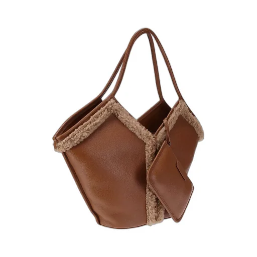 Shearling-Trimmed Leather Tote Bag