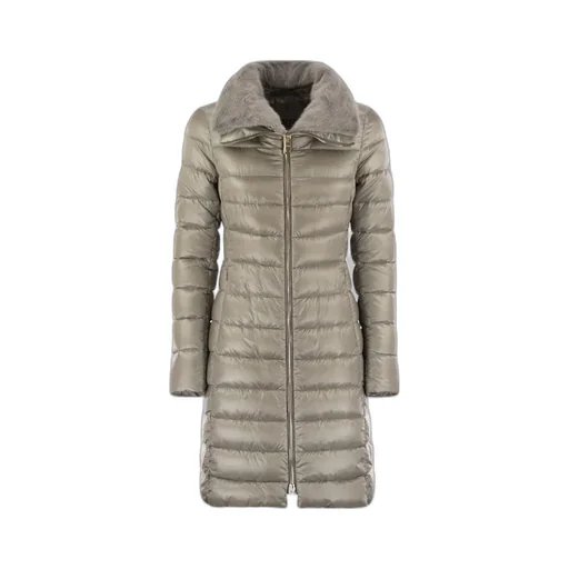 Zippered Quilted Down Jacket With Faux Fur Collar