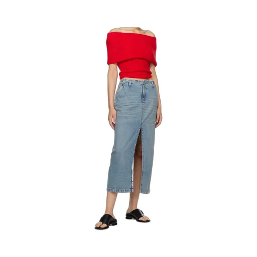 Front-Slit Cotton Denim Midi Skirt
