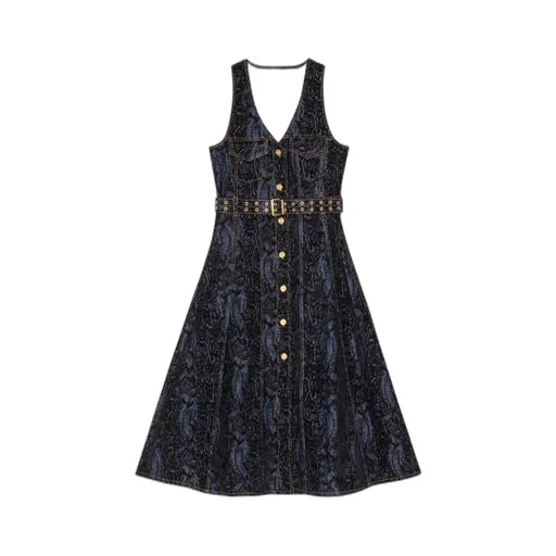 V-Neck Denim Midi Dress