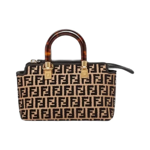 Small Raffia Boston Bag With A Black Tapestry Fabric Ff Motif