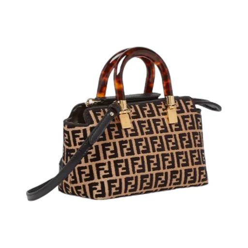 Small Raffia Boston Bag With A Black Tapestry Fabric Ff Motif