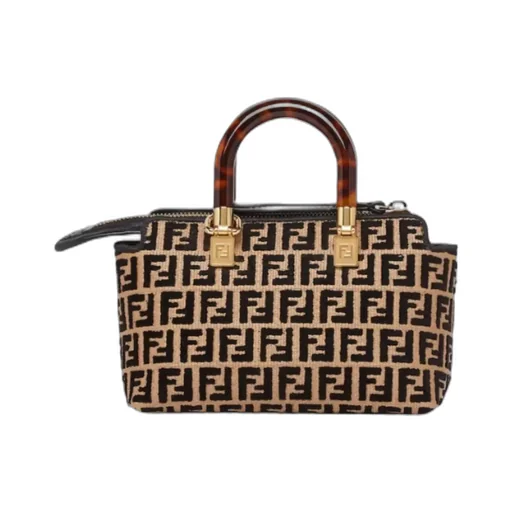 Small Raffia Boston Bag With A Black Tapestry Fabric Ff Motif