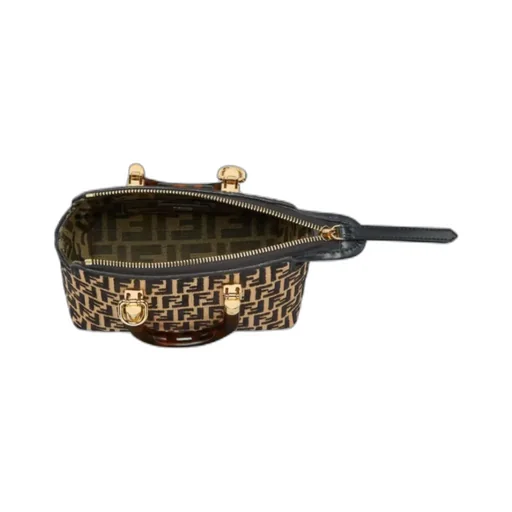 Small Raffia Boston Bag With A Black Tapestry Fabric Ff Motif