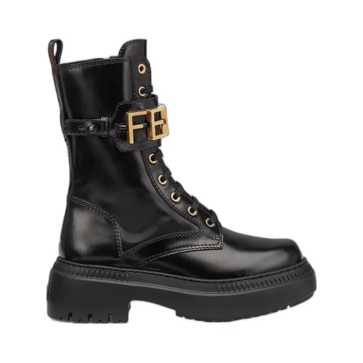 Logo Plaque Lace-Up Biker Boots