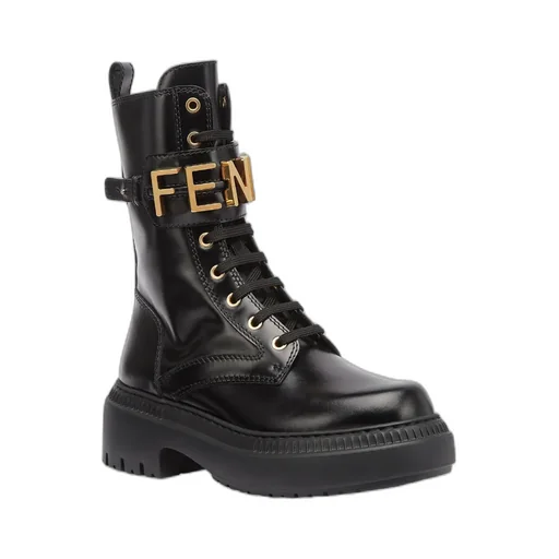 Logo Plaque Lace-Up Biker Boots