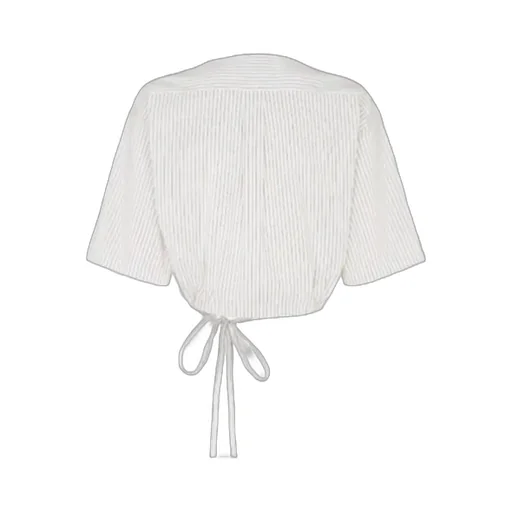 Drawstring Hem Striped Cropped Shirt