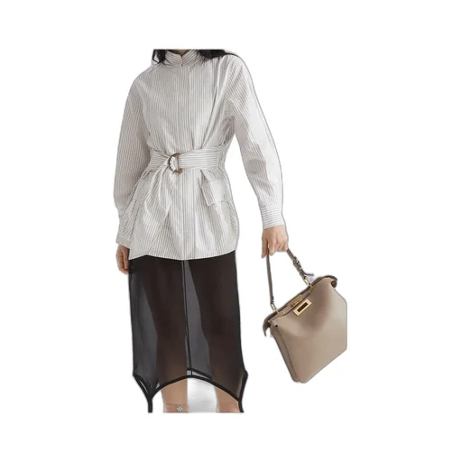 Striped Ring Buckle Belted Jacket