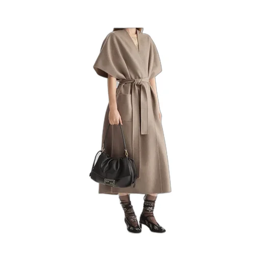 Short Sleeved V-Neck Belted Coat